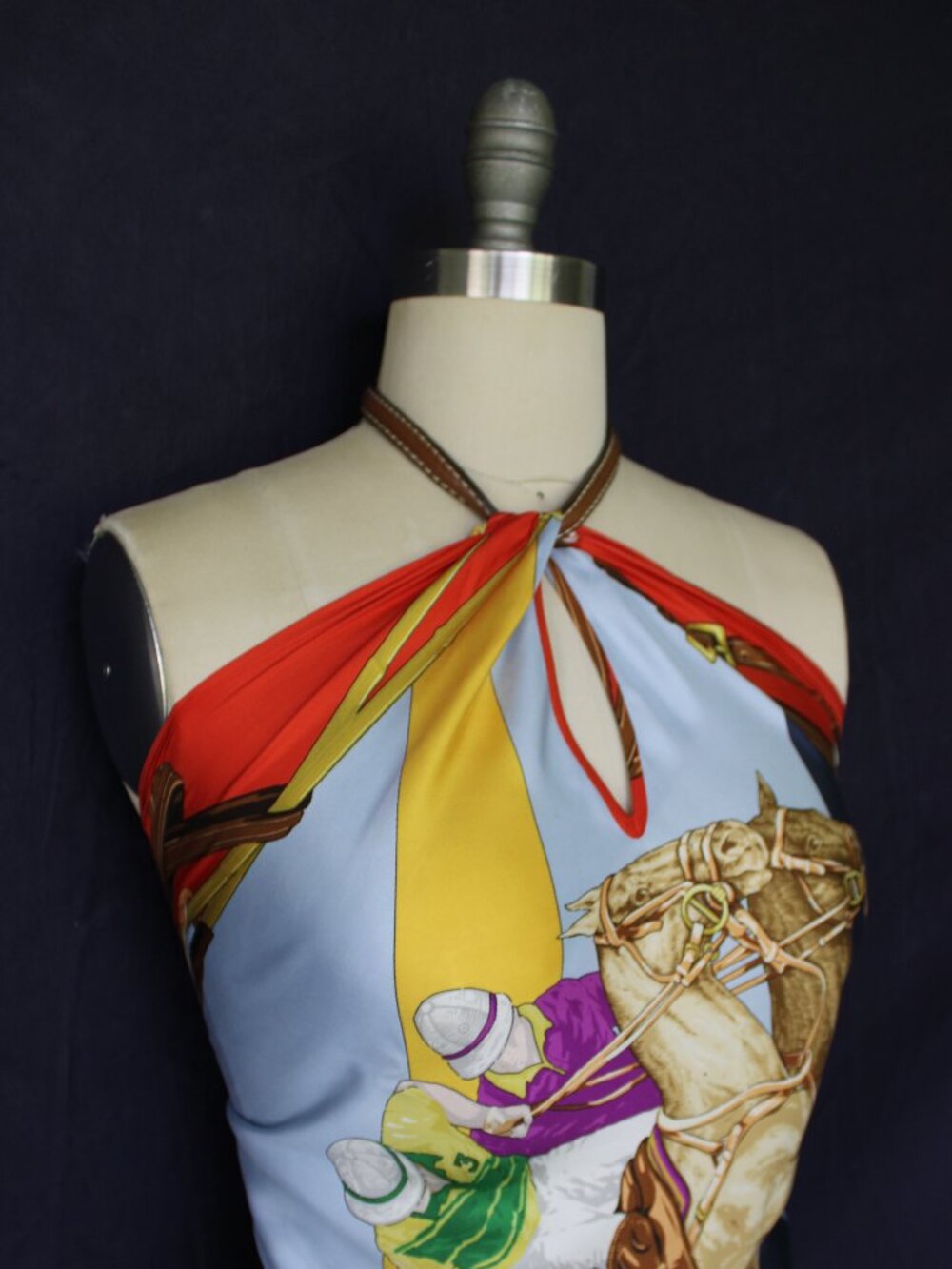 Ralph Lauren equestrian Polo horse halter silk scarf leather tunic dress top XS - Picture 9 of 12